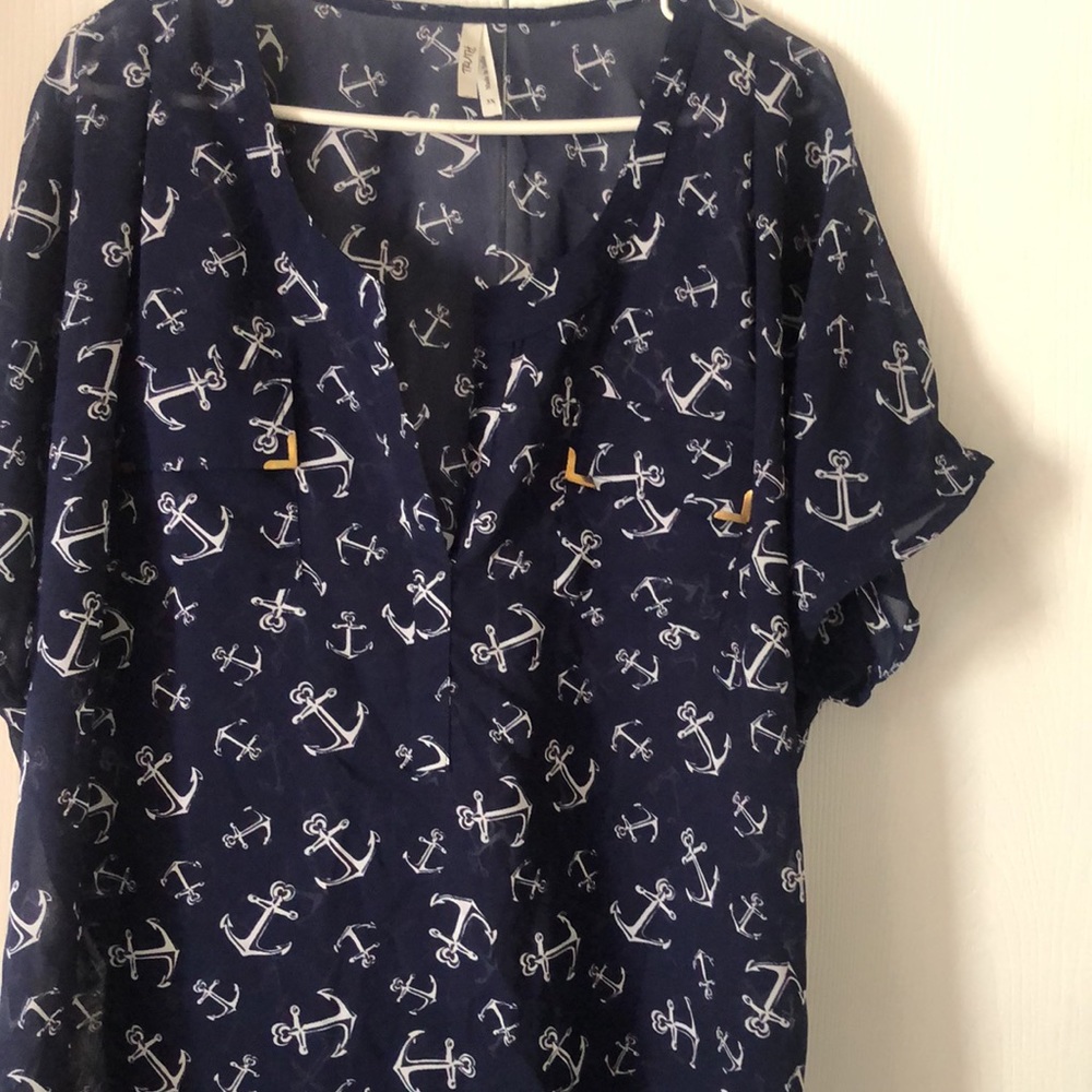 Woman’s spring blue & white peasant truth anchor blouse - Picture 3 of 11